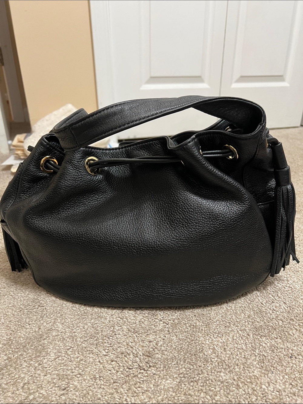 Michael Kors Black Pebbled Leather Drawstring Hobo with Gold MK Charm - Picture 2 of 11